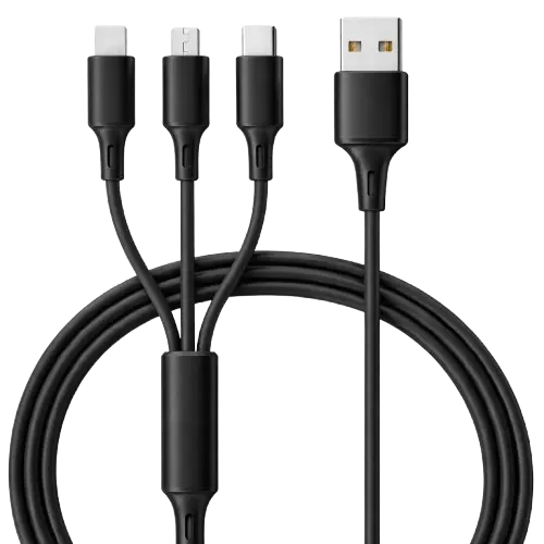 Premium 3-in-1 multi-functional USB charging cable with soft liquid silicone jacket, ideal for retail and promotional gifts