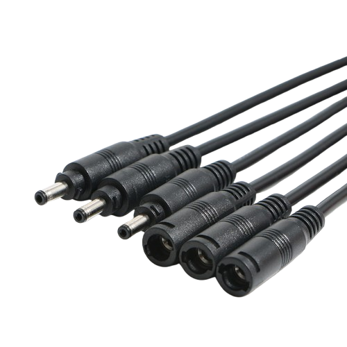 Black DC power extension cable with 5.5x2.1mm metal barrel jack connectors for electronics and appliances