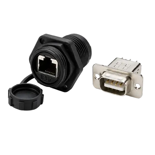 Industrial IP67 waterproof RJ45 connector and D-Type USB panel mount socket for harsh environments.
