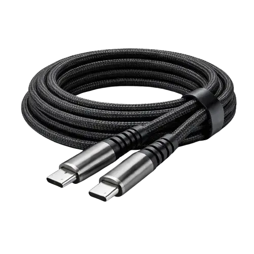 Nylon braided Type-C to Type-C PD fast charging data cable with aluminum alloy casing, OEM customized by Devetop Tech.