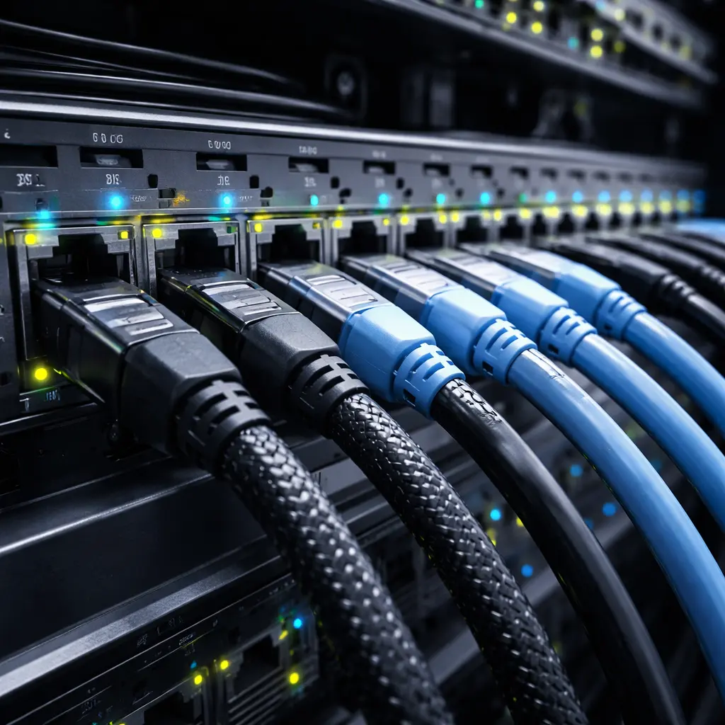 High-speed Cat 8 network cables installed in an enterprise data center server rack.