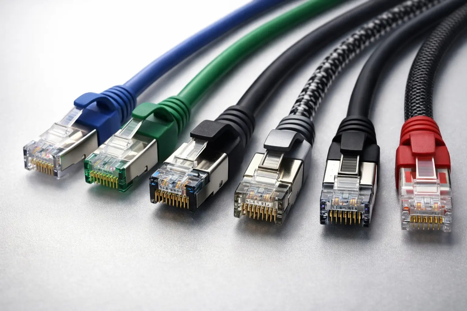 A diverse range of premium network cables including Cat6 and Cat8, all Fluke tested and CE/RoHS certified by Devetop Tech.