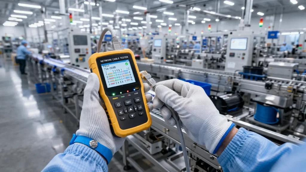 Devetop Tech engineers conducting strict quality control and Fluke testing on OEM network cables in our Shenzhen facility.